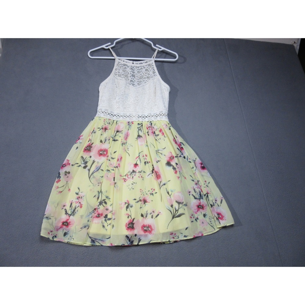 Floral Lace Dress Juniors 3 Yellow Sleeveless Fit and Flare Chiffon By & By